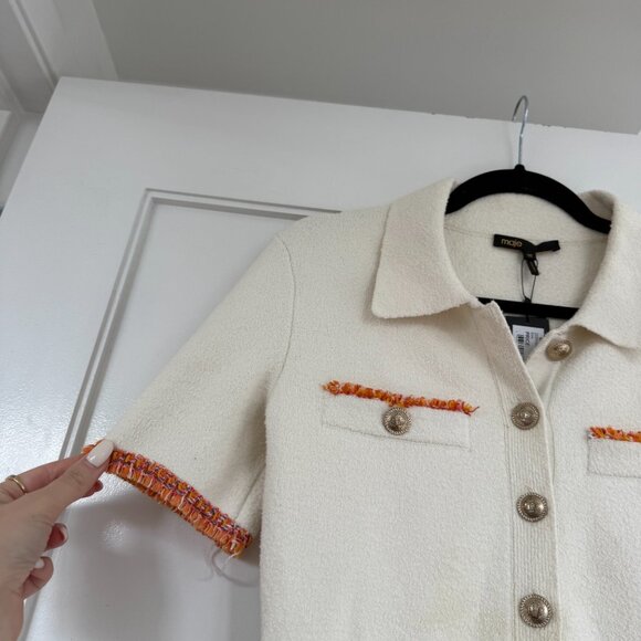 NWT Maje Risal Mini Dress EcruWhite Contrast Fray Trim Knit Shirt Collar Buttons - Picture 9 of 11